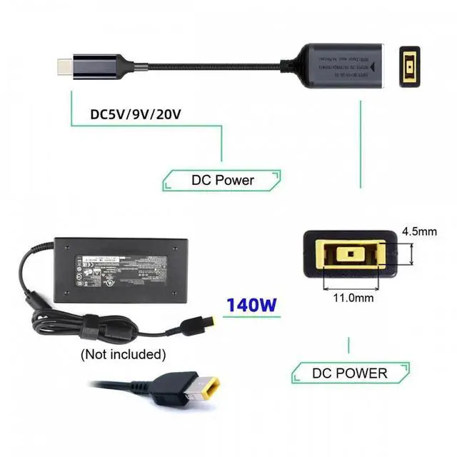 Alt view image 3 of 7 - JVFYI Rectangle Jack Thinkpad X1 Input to USB-C Type-C Power 140W Charge Cable for Laptop Phone PD9V 5V 20V 7A