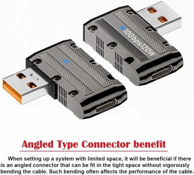 Alt view image 3 of 6 - JVFYI USB-C USB 3.1 Type C Female to USB 3.0 Type-A Male 90 Degree Left Angled Flat Type 10Gbps Data 120W Power Adapter Mecha Cyberpunk Style