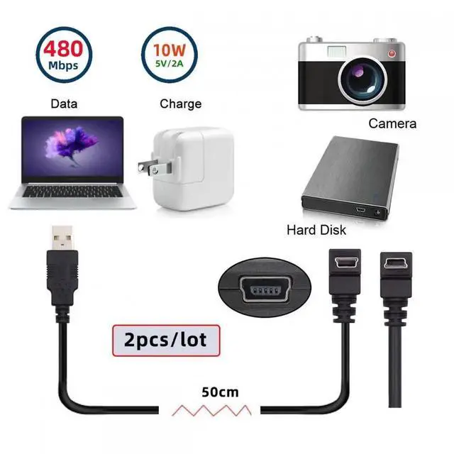 Alt view image 7 of 7 - JVFYI 2pcs/lot Down & Up Angled Mini USB B Type 5pin Male 90 Degree to USB 2.0 Male Power Data Cable 50cm