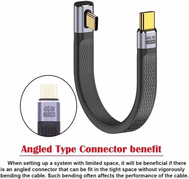 Alt view image 2 of 7 - JVFYI Low Profile Angled 240W Type-C USB-C Male to Male USB4 40Gbps 100W 8K Flat Slim FPC Data Cable for Laptop Phone 13cm