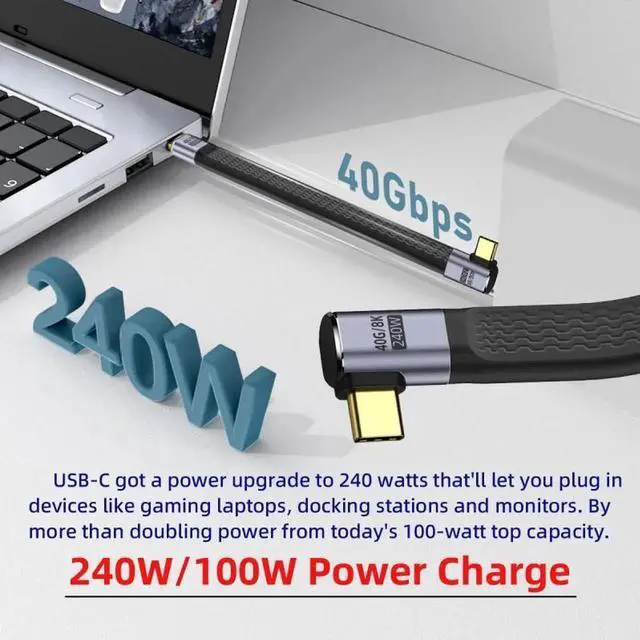 Alt view image 4 of 7 - JVFYI Right Angled 240W Type-C USB-C Male to Male USB4 40Gbps 100W 8K Flat Slim FPC Data Cable for Laptop Phone 13cm