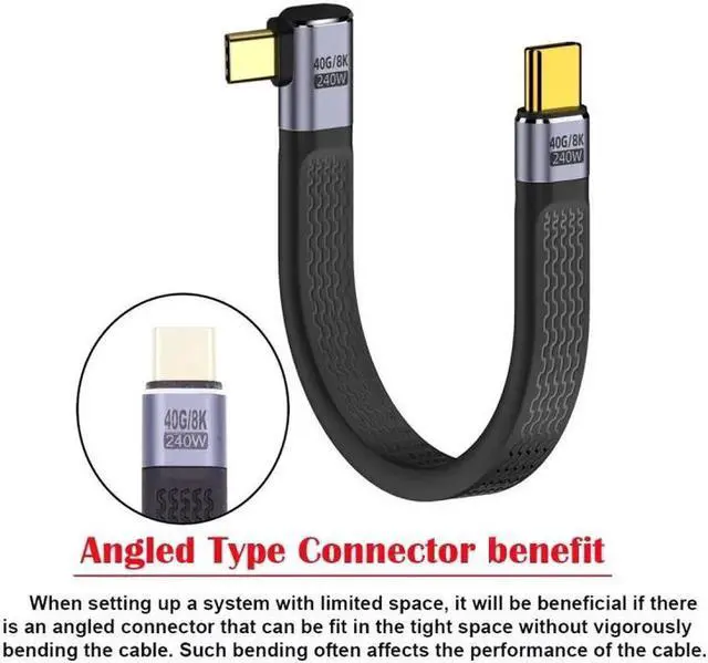 Main image of JVFYI Right Angled 240W Type-C USB-C Male to Male USB4 40Gbps 100W 8K Flat Slim FPC Data Cable for Laptop Phone 13cm