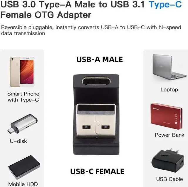 Alt view image 4 of 7 - JVFYI USB-C Type C Female Up Opposite U Shape Back Angled to USB 3.0 A Male Data Adapter for Laptop Desktop
