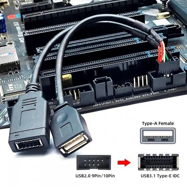 Alt view image 2 of 7 - JVFYI Dual Port Type-A & USB 3.1 Front Panel Socket Key-A Type-E to USB 2.0 9Pin 10Pin Mainboard Header Male Extension Cable