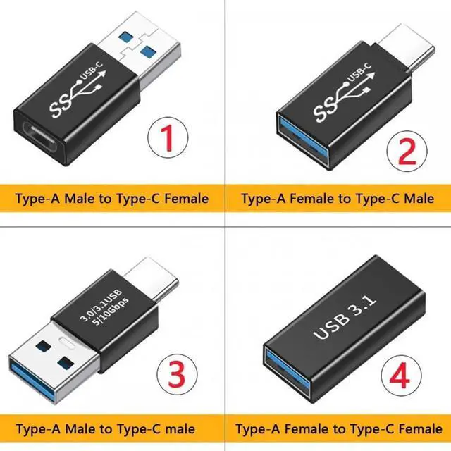 Alt view image 2 of 7 - JVFYI 4pcs/lot USB 3.1 Type-A Male Female to USB-C Female Power Data 10Gbps Adapter for Laptop Phone