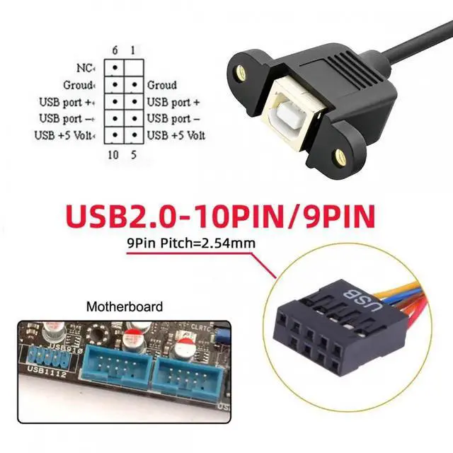Alt view image 6 of 7 - JVFYI USB 2.0 Motherboard 9pin 10pin Header to Standard Type-B Female Extension cable with Nuts for Panel Mount