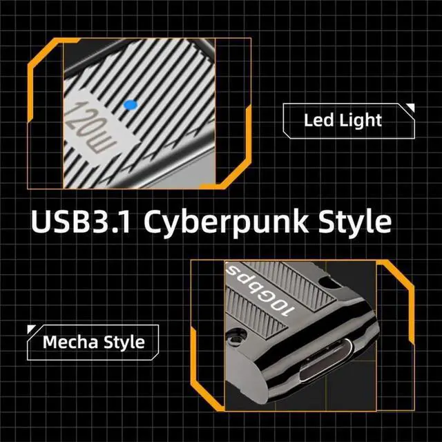 Alt view image 4 of 7 - JVFYI USB-C USB 3.1 Type C Female to USB 3.0 Type-A Male 90 Degree Left Angled Low Profile Type 10Gbps Data 120W Power Adapter Mecha Cyberpunk Style