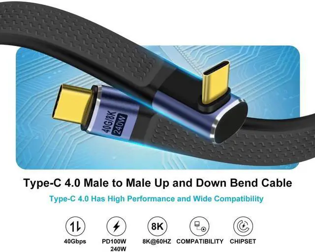 Alt view image 2 of 6 - Short Flat USB C Cable 40Gbps High Speed Short USB C Thunderbolt 4 Cable 240W 48V 5A Support Audio & Video 8K@60Hz, for Phones, Laptops, PC (Up Down Bend, 13 cm)