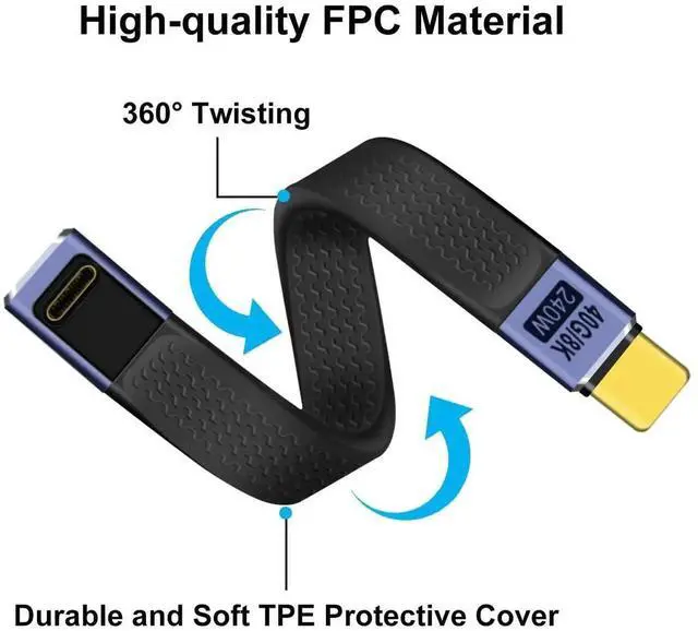 Alt view image 3 of 6 - Short Flat USB C Cable 40Gbps High Speed Short USB C Thunderbolt 4 Cable 240W 48V 5A Support Audio & Video 8K@60Hz, for Phones, Laptops, PC (Up Down Bend, 13 cm)