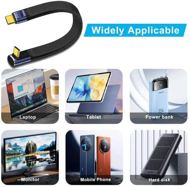 Alt view image 6 of 6 - Short Flat USB C Cable 40Gbps High Speed Short USB C Thunderbolt 4 Cable 240W 48V 5A Support Audio & Video 8K@60Hz, for Phones, Laptops, PC (Up Down Bend, 13 cm)