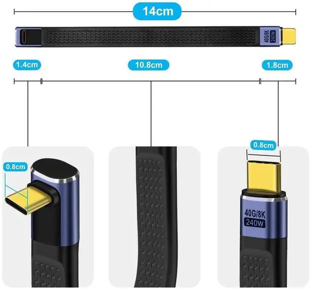 Alt view image 4 of 6 - Short Flat USB C Cable 40Gbps High Speed Short USB C Thunderbolt 4 Cable 240W 48V 5A Support Audio & Video 8K@60Hz, for Phones, Laptops, PC (Up Down Bend, 13 cm)