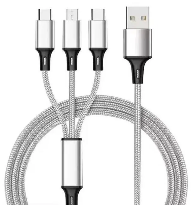 Main image of JVFYI 3-in-1 Fast Charging Cable, Universal Triple USB Cable for iPhone, Android Type C, Micro USB Phones, Durable 3A Data Sync Cable for Travel Grey