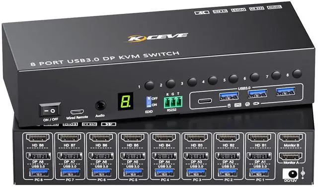 Main image of JVFYI 8 Port HDMI Displayport KVM Switch 2 Monitors 8 Computers 4K@60Hz EDID Simulation,8 PC Dual Monitor KVM Switch with 4 USB 3.0 Ports,Audio,RS232,with Wired Remote,12V Power Adapter and 8 USB Cabl