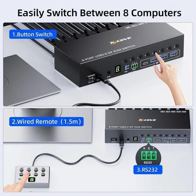 Alt view image 5 of 7 - JVFYI 8 Port HDMI Displayport KVM Switch 2 Monitors 8 Computers 4K@60Hz EDID Simulation,8 PC Dual Monitor KVM Switch with 4 USB 3.0 Ports,Audio,RS232,with Wired Remote,12V Power Adapter and 8 USB Cabl