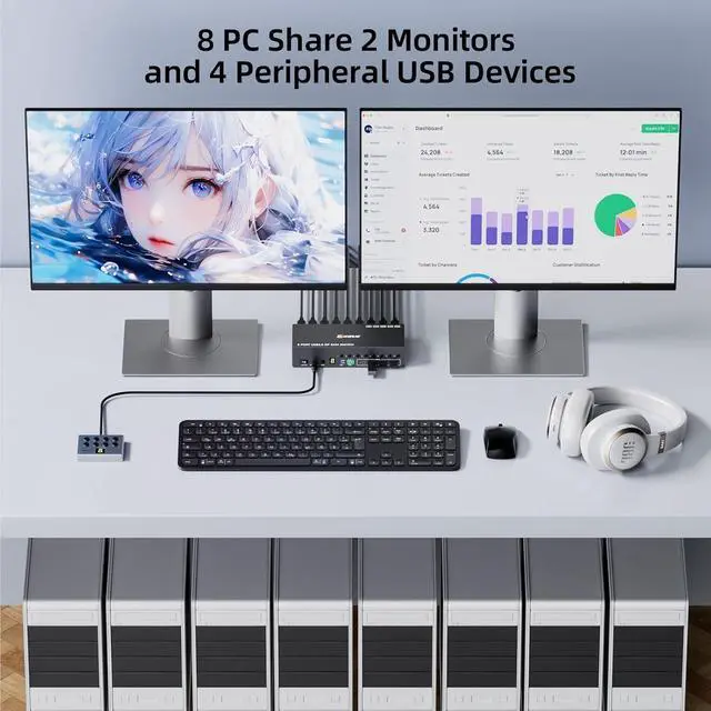 Alt view image 2 of 7 - JVFYI 8 Port HDMI Displayport KVM Switch 2 Monitors 8 Computers 4K@60Hz EDID Simulation,8 PC Dual Monitor KVM Switch with 4 USB 3.0 Ports,Audio,RS232,with Wired Remote,12V Power Adapter and 8 USB Cabl