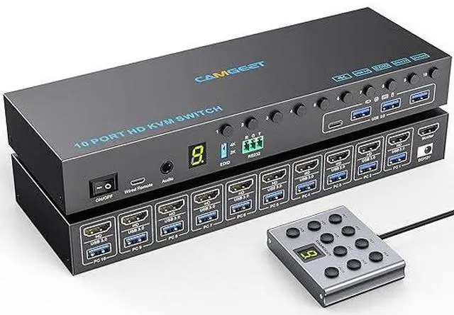 Main image of 10 Port 8 Port HDMI KVM Switch 4K@60Hz EDID Simulation, USB3.0 KVM Switch HDMI for 10 Computers Share 1 Monitor and 4 USB Devices, KVM Switches with Audio RS232 Wired Remote 12V Power and USB Cable