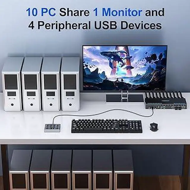 Alt view image 2 of 6 - 10 Port 8 Port HDMI KVM Switch 4K@60Hz EDID Simulation, USB3.0 KVM Switch HDMI for 10 Computers Share 1 Monitor and 4 USB Devices, KVM Switches with Audio RS232 Wired Remote 12V Power and USB Cable