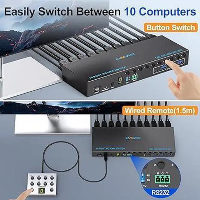 Alt view image 6 of 6 - 10 Port 8 Port HDMI KVM Switch 4K@60Hz EDID Simulation, USB3.0 KVM Switch HDMI for 10 Computers Share 1 Monitor and 4 USB Devices, KVM Switches with Audio RS232 Wired Remote 12V Power and USB Cable