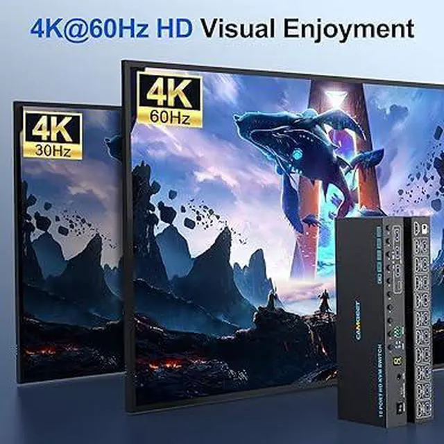 Alt view image 4 of 6 - 10 Port 8 Port HDMI KVM Switch 4K@60Hz EDID Simulation, USB3.0 KVM Switch HDMI for 10 Computers Share 1 Monitor and 4 USB Devices, KVM Switches with Audio RS232 Wired Remote 12V Power and USB Cable