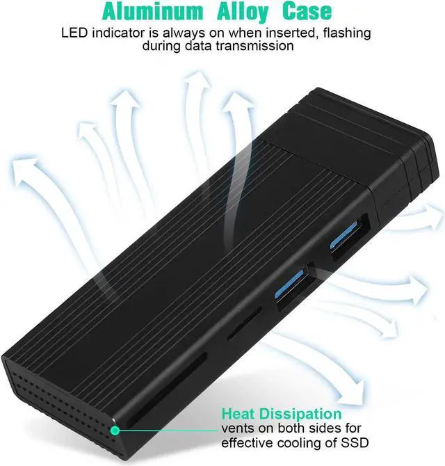Alt view image 5 of 7 - M.2 NVME SATA SSD Enclosure Adapter Tool-Free, RTL9210B Chips, USB C 3.1 Gen 2 10Gbps NVME, 6Gbps SATA PCIe M-Key(B+M Key) with 2 USB Ports, SD/TF Card Reader