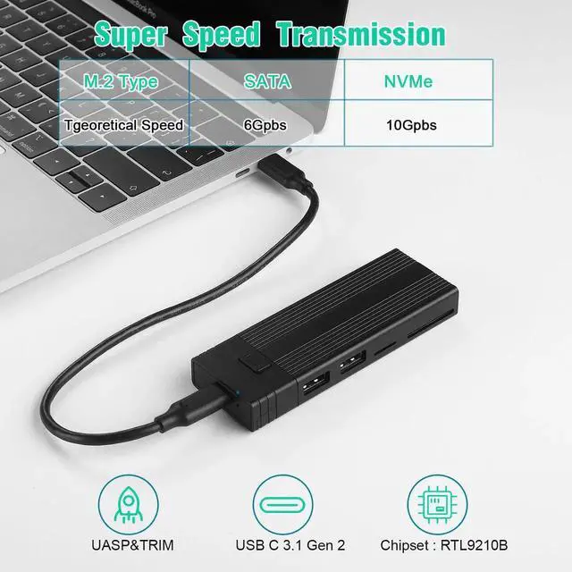 Alt view image 6 of 7 - M.2 NVME SATA SSD Enclosure Adapter Tool-Free, RTL9210B Chips, USB C 3.1 Gen 2 10Gbps NVME, 6Gbps SATA PCIe M-Key(B+M Key) with 2 USB Ports, SD/TF Card Reader