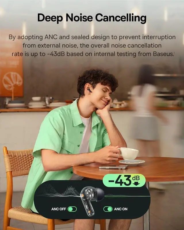 Alt view image 2 of 7 - Baseus Bass BP1 NC Hybrid Active Noise Cancelling Wireless Earbuds, 12mm Super-Bass Driver, 41H Playtime, Bluetooth 6.0, IP55 Waterproof, 4-Mic AI ENC, 24 Customizable EQ