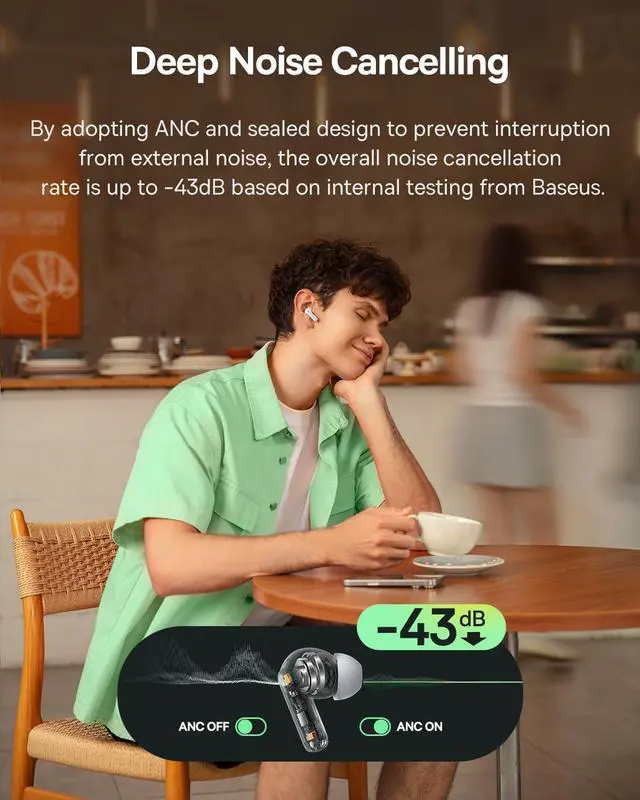 Alt view image 5 of 7 - Baseus Bass BP1 NC Hybrid Active Noise Cancelling Wireless Earbuds, 12mm Super-Bass Driver, 41H Playtime, Bluetooth 6.0, IP55 Waterproof, 4-Mic AI ENC, 24 Customizable EQ