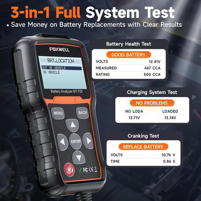 Alt view image 2 of 7 - FOXWELL BT705 Car Battery Tester 24V 12V, Professional Alternator Tester, Automotive 100-2000CCA Load Tester, Digital Cranking Charging System Analyzer with High Accuracy for Trucks, RVs & Boats