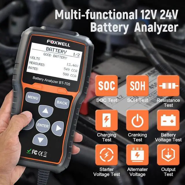 Alt view image 6 of 7 - FOXWELL BT705 Car Battery Tester 24V 12V, Professional Alternator Tester, Automotive 100-2000CCA Load Tester, Digital Cranking Charging System Analyzer with High Accuracy for Trucks, RVs & Boats