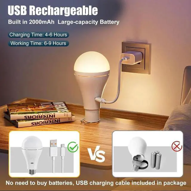 Alt view image 4 of 7 - VoltSync USB Rechargeable Light Bulb with Remote and Timer, Battery Emergency Light Bulbs for Home Power Outage, Hanging LED Light Bulb with Hook for Outdoor Camping Tent, 700LM, 6000K, 2 Pack