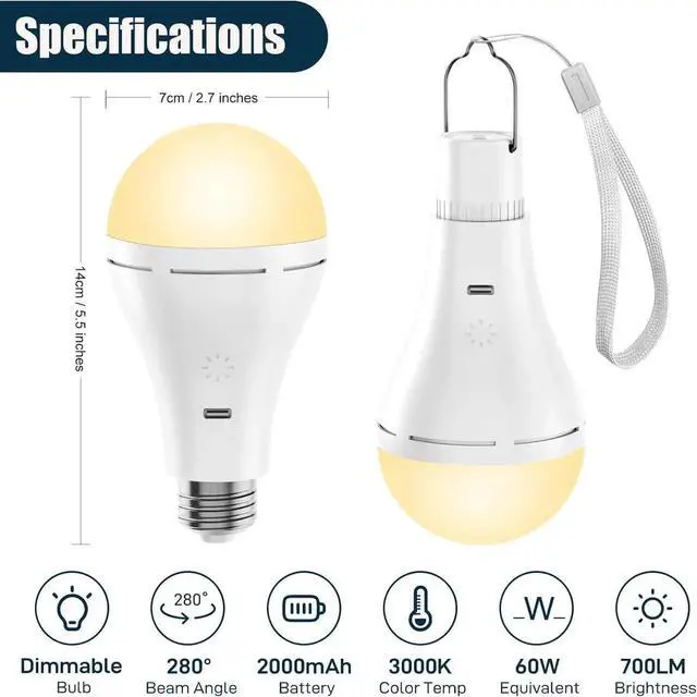 Alt view image 2 of 7 - VoltSync USB Rechargeable Light Bulb with Remote and Timer, Battery Emergency Light Bulbs for Home Power Outage, Hanging LED Light Bulb with Hook for Outdoor Camping Tent, 700LM, 6000K, 2 Pack