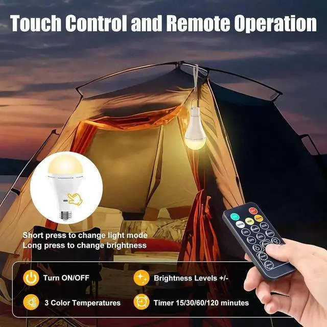 Alt view image 5 of 7 - VoltSync USB Rechargeable Light Bulb with Remote and Timer, Battery Emergency Light Bulbs for Home Power Outage, Hanging LED Light Bulb with Hook for Outdoor Camping Tent, 700LM, 6000K, 2 Pack