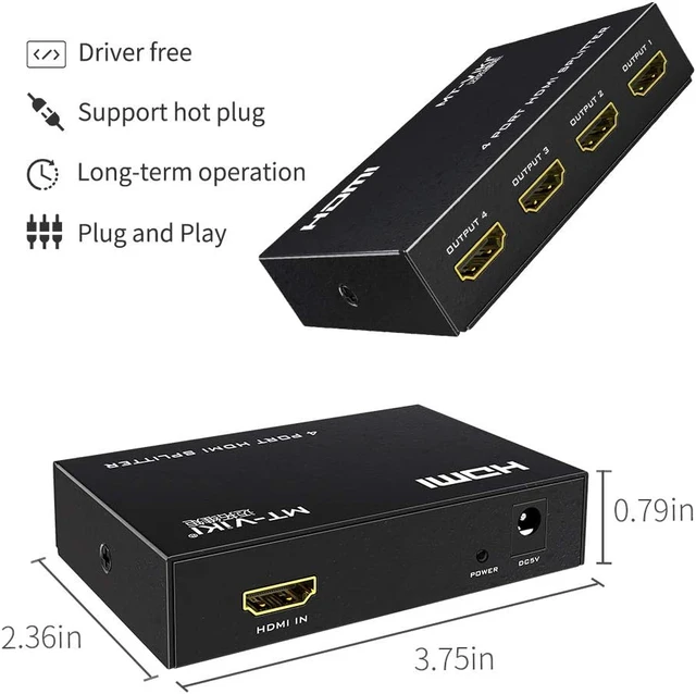 Alt view image 7 of 7 - 4K HDMI Splitter 1 in 4 Out, with Power Adapter, Mirror Only 4K 30Hz Powered HDMI Distributor for 4 Monitors, Supports 3D & HDCP 1.4 Compatible with Gaming Consoles with Power Adapter