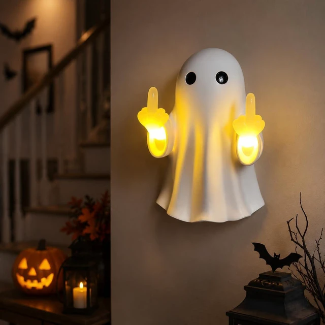 Alt view image 3 of 7 - Funny Ghost LED Night Light, Cute Rebellious Ghost Lamp with Attitude for Halloween Decoration, Spooky Glow Table Lamp for Bedroom Office Bar Desktop, White