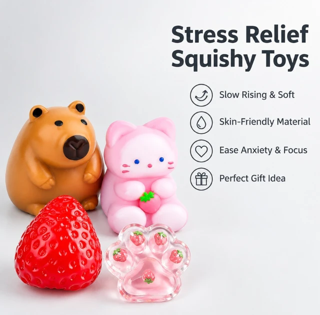 Alt view image 7 of 7 - 9 Pack Squishy Toys Set, Stress Relief Fidget Sensory Toys with Animals, Fruit & Cookie Designs, Soft Squeeze Toys for Adults, Kids Party Favors & Desk Decor