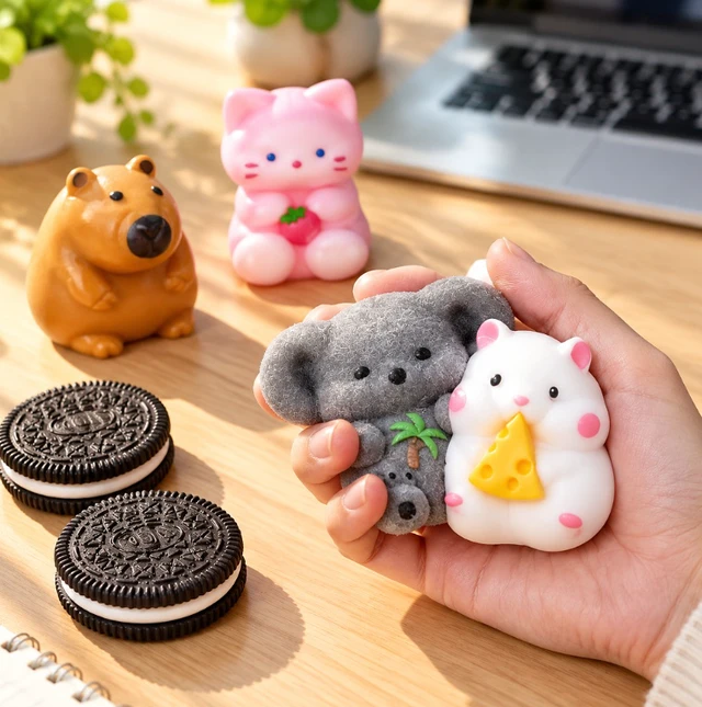 Alt view image 2 of 7 - 9 Pack Squishy Toys Set, Stress Relief Fidget Sensory Toys with Animals, Fruit & Cookie Designs, Soft Squeeze Toys for Adults, Kids Party Favors & Desk Decor