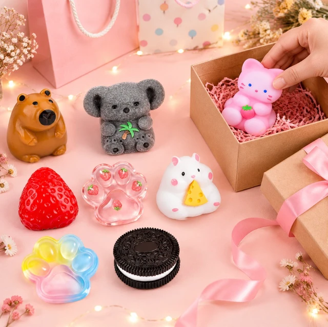 Alt view image 5 of 7 - 9 Pack Squishy Toys Set, Stress Relief Fidget Sensory Toys with Animals, Fruit & Cookie Designs, Soft Squeeze Toys for Adults, Kids Party Favors & Desk Decor