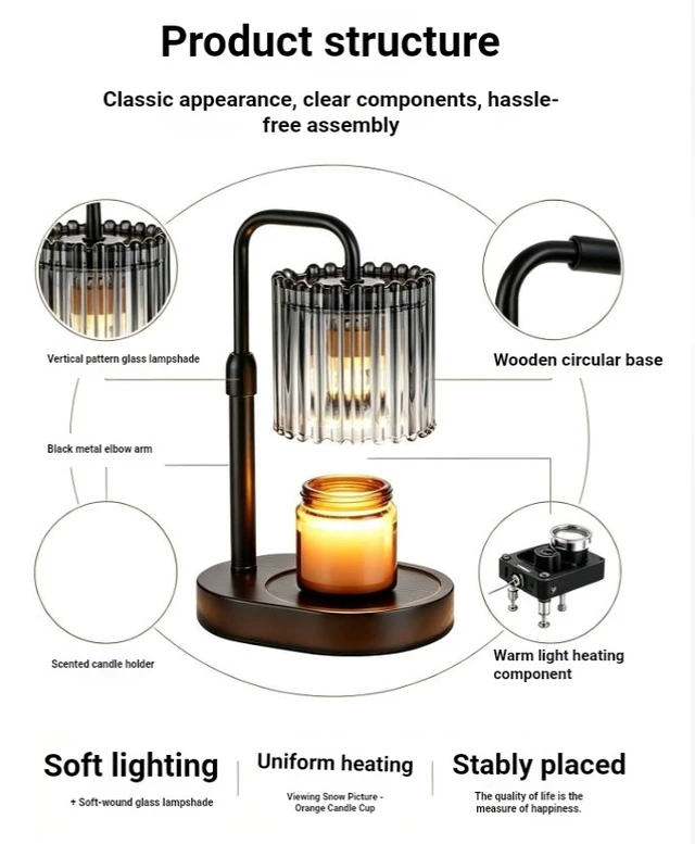 Alt view image 3 of 7 - Wooden Base Wax Melt Warmer Lamp with Ribbed Glass Shade, Dimmable Candle Melter for Desk Decor