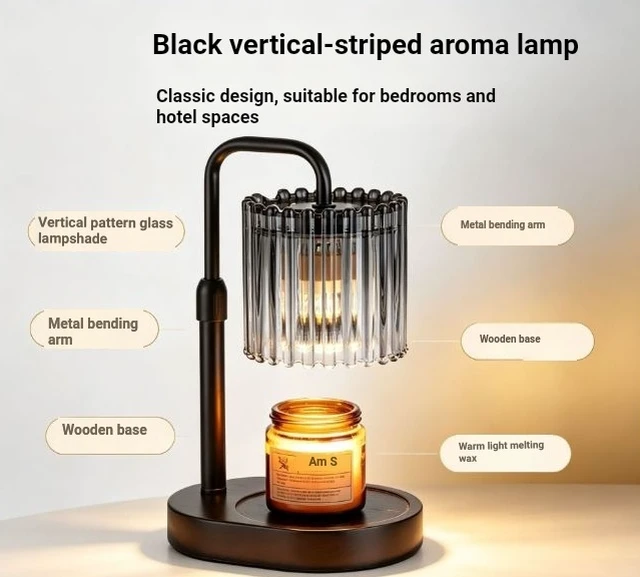 Alt view image 4 of 7 - Wooden Base Wax Melt Warmer Lamp with Ribbed Glass Shade, Dimmable Candle Melter for Desk Decor