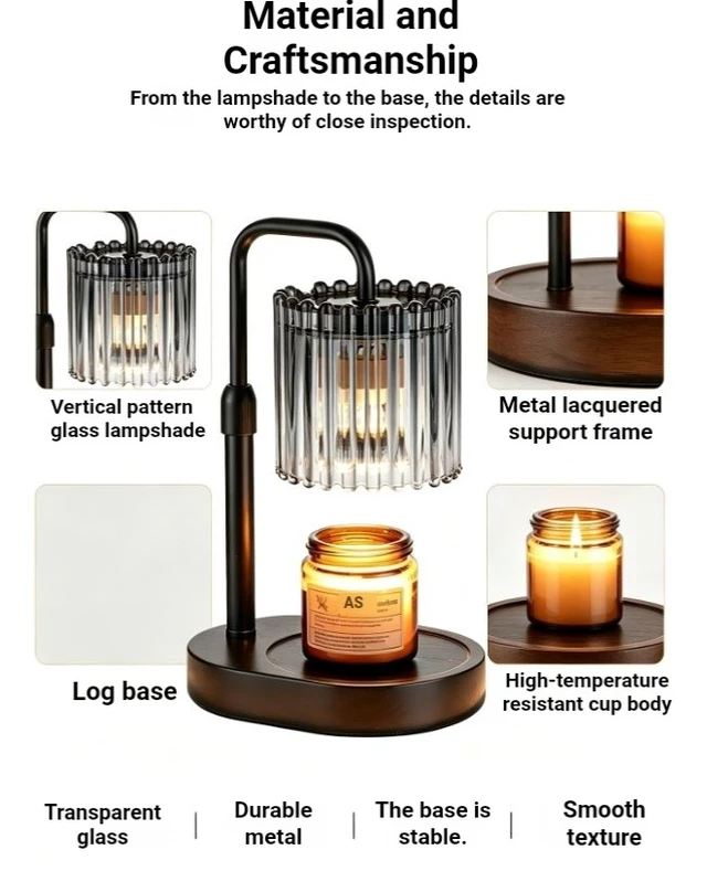 Alt view image 6 of 7 - Wooden Base Wax Melt Warmer Lamp with Ribbed Glass Shade, Dimmable Candle Melter for Desk Decor