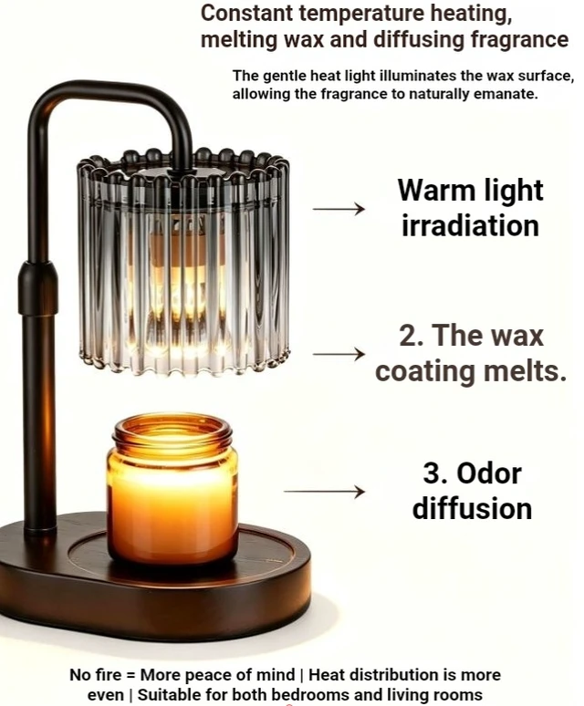 Alt view image 5 of 7 - Wooden Base Wax Melt Warmer Lamp with Ribbed Glass Shade, Dimmable Candle Melter for Desk Decor