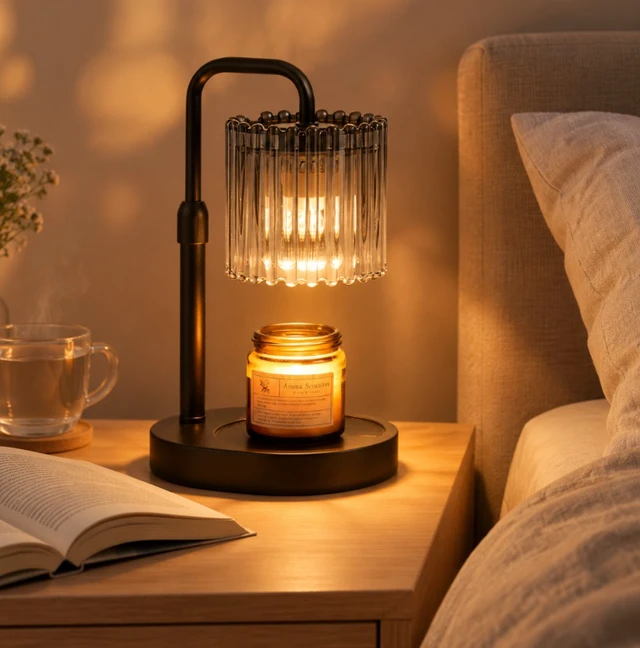 Alt view image 7 of 7 - Wooden Base Wax Melt Warmer Lamp with Ribbed Glass Shade, Dimmable Candle Melter for Desk Decor