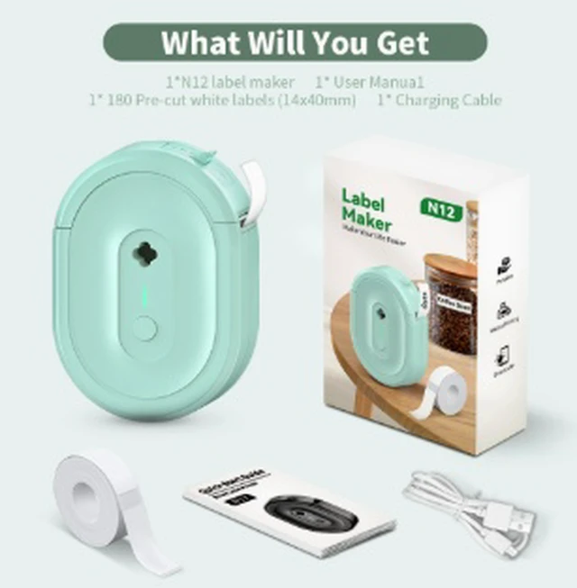 Alt view image 2 of 4 - N12 Mini Thermal Label Printer, Bluetooth Portable Sticker Printer for Android & iOS, 203 DPI, 20mm/s, 1200mAh Rechargeable Battery, Green, Includes 220 Labels