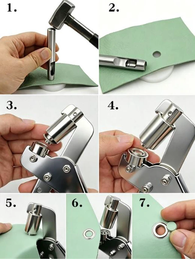 Alt view image 4 of 6 - Grommet Pliers Set Manual 2-in-1 Punching & Setting Tool Includes 100 Brass Grommets (10mm), Punch, and Base Suitable for Tarps, Leather, Banners, and Posters.