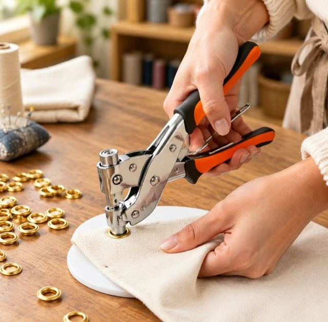 Alt view image 3 of 6 - Grommet Pliers Set Manual 2-in-1 Punching & Setting Tool Includes 100 Brass Grommets (10mm), Punch, and Base Suitable for Tarps, Leather, Banners, and Posters.