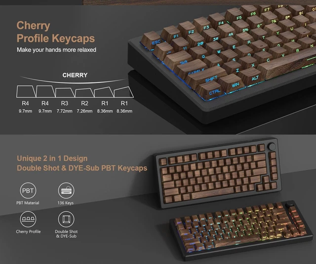 Alt view image 4 of 7 - Walnut Wood Grain Keycaps, Cherry Profile PBT Dye-Sub Key Cap Set, 5-Side Sublimation Side-Print Backlit Natural Wood Style for Mechanical Keyboard