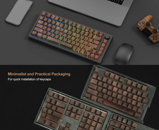 Alt view image 2 of 7 - Walnut Wood Grain Keycaps, Cherry Profile PBT Dye-Sub Key Cap Set, 5-Side Sublimation Side-Print Backlit Natural Wood Style for Mechanical Keyboard