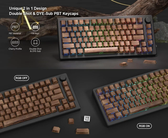 Alt view image 5 of 7 - Walnut Wood Grain Keycaps, Cherry Profile PBT Dye-Sub Key Cap Set, 5-Side Sublimation Side-Print Backlit Natural Wood Style for Mechanical Keyboard