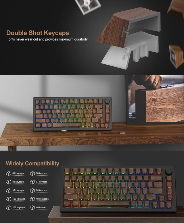 Alt view image 3 of 7 - Walnut Wood Grain Keycaps, Cherry Profile PBT Dye-Sub Key Cap Set, 5-Side Sublimation Side-Print Backlit Natural Wood Style for Mechanical Keyboard