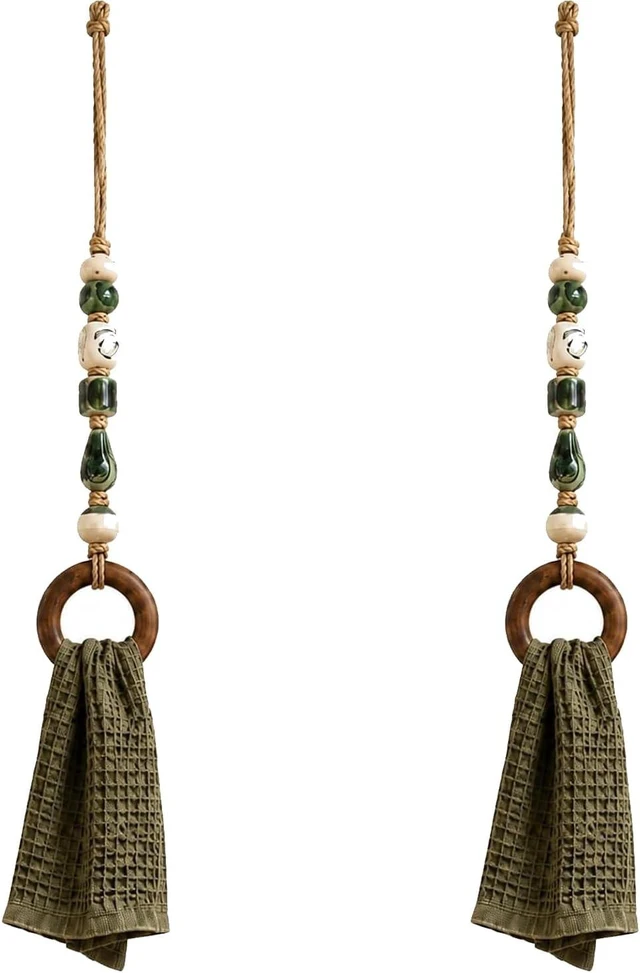 Main image of Decorative Beaded Towel Hanger with Wooden Ring, Boho Towel Holder,Green 2PCS